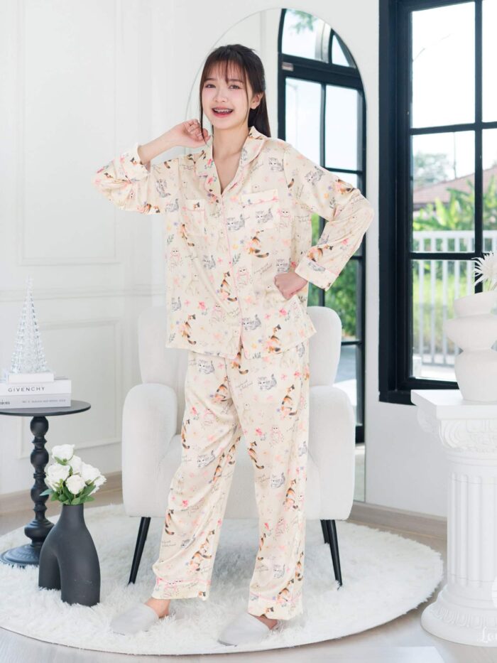 ชุดนอน LovelyNight แขนยาว-ขายาว Floral Cats B19 - Image 7
