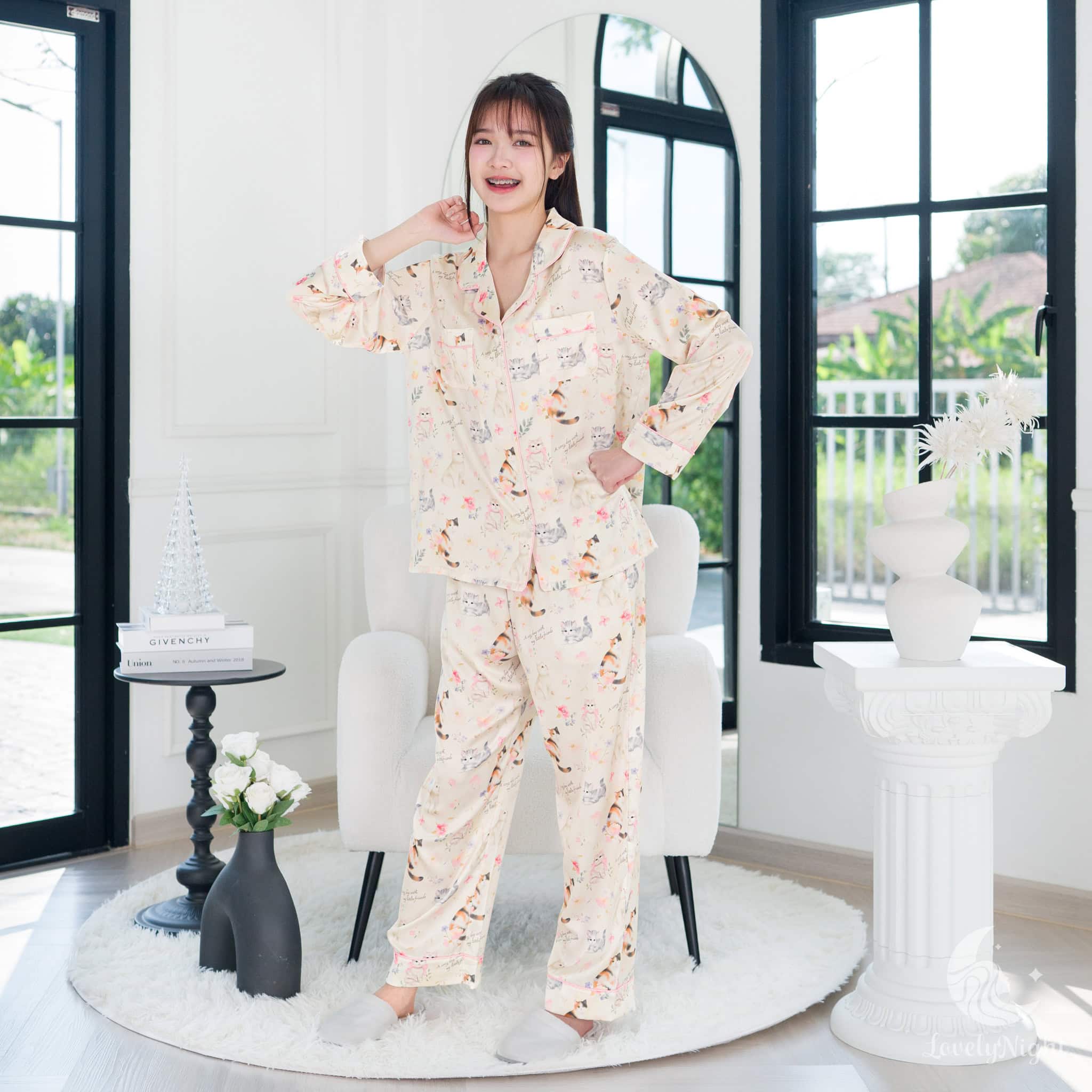 ชุดนอน LovelyNight แขนยาว-ขายาว Floral Cats B19 - Image 7